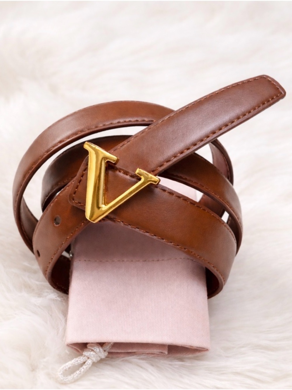 Brown Leather Belt with Gold 'V' Buckle